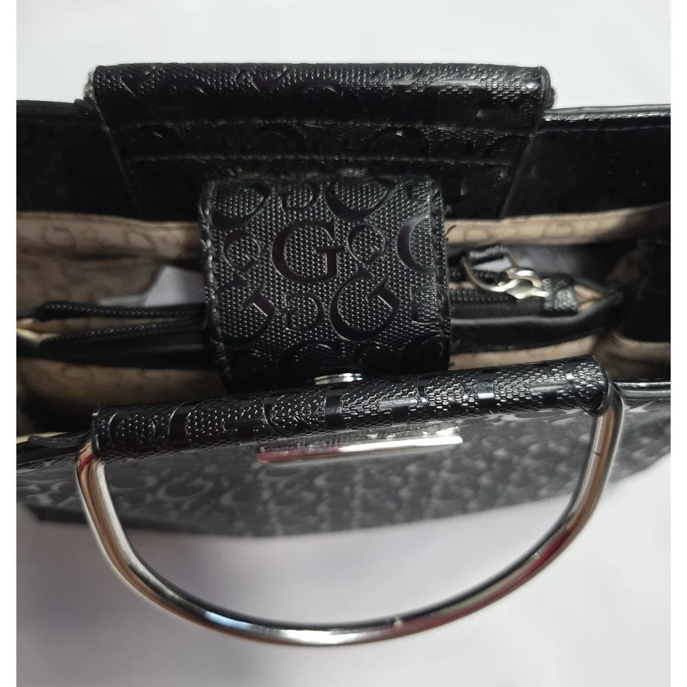 Guess Black Logo Satchel Handbag Silver Handle Crossbody Strap Spacious Bag - Picture 6 of 11